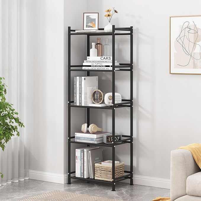 5 Tier Bathroom Storage Open Shelf Unit, Free-Standing Metal Corner Rack Shelving for Kitchen, Living Room, Hallway (Black, Wider 5 Tier)