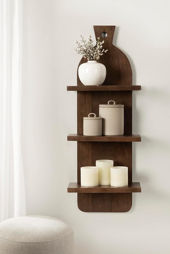 Kate and Laurel Braxton Modern Farmhouse Three-Tier Wall Shelf, 12 x 7 x 32, Natural Brown, Transitional Tiered Wood Display Shelf for Kitchen Spice Rack