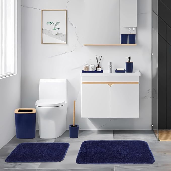 Bathroom Accessory Set–Bathroom Sets with Shower Curtain and Rugs, No Slip Bathroom Rugs Super Absorbent, Blue Ombre Water-Proof Shower Curtain with Hooks, Blue Bathroom Sets Complete for Home