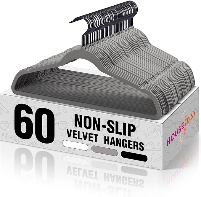 HOUSE DAY Grey Velvet Hangers 60 Pack, Non Slip Felt Hangers, Heavy Duty Velvet Clothes Hanger, Ultra Slim Hanger Space Saving, Perfect for Shirt, Suits, Pants
