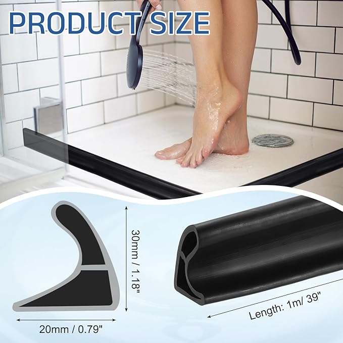uxcell Flexible Shower Water Barrier, 39" TPE Shower Edge Water Stopper Blocker Splash Guard for Bathtub Sink Washing Machine Dry and Wet Separation, 0.79"W x 1.18"H, Black