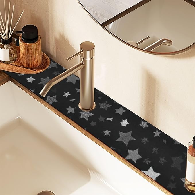 Kitchen Sink Splash Guard 2 PCS 14.7 Inch Sink Faucet Mat Splash Guard for Bathroom Countertop Water Absorbent Foldable Cuttable Soft Washable Cute Silver and Gray Stars