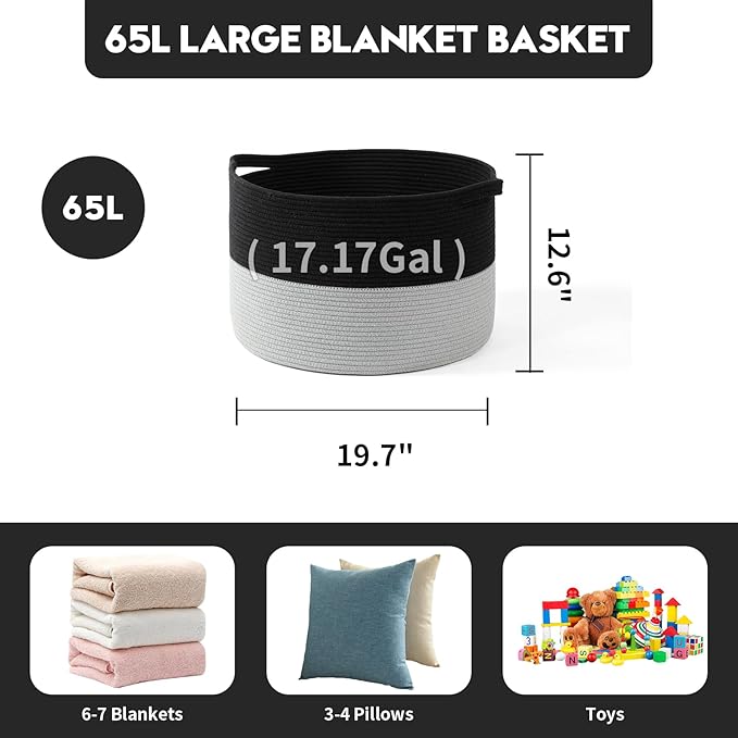 Foldable Laundry Hamper Basket with Collapsible Handle Cotton Rope Soft Woven Fabric Storage Organizer Clothes Toys Nursery Bedroom Dorm Space Saving Bin (Black & Grey, 65L(19.7"D x 12.6"H))