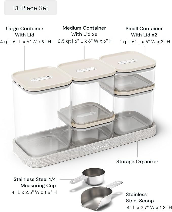 Caraway 13-Piece Glass Airtight Food Storage Containers with Lids – Non-Toxic, BPA-Free Kitchen Storage Containers – Stackable, Space-Saving Airtight Containers for Dry Goods and More - Cream