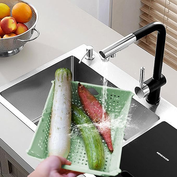 Plastic Collapsible Strainers and Colanders, Foldable Food Strainer for Kitchen, Space-Saving Folding Drain Basket Bowl for Pasta Fruit Vegetables Drainage Storage Dishwasher (Green)