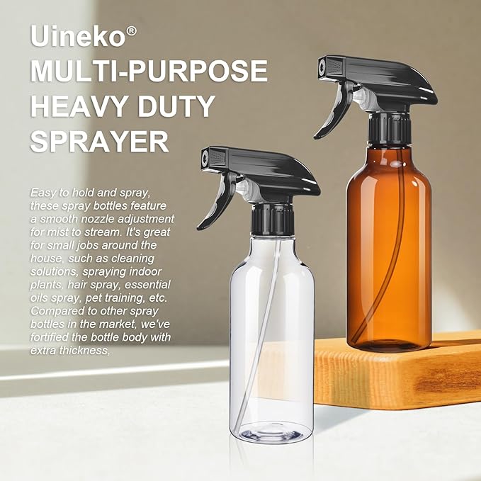 Spray Bottles 2-Pack, 10 Oz, Mist & Stream, Heavy Duty Spraying Empty Water Sprayer Bottle, BPA Free Plastic Refillable Containers for Cleaning Solutions, Plants, Hair, Essential Oils (Clear)