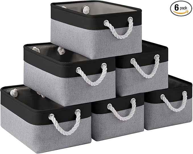 Storage Baskets for Shelves 13.8x9.8x6.7 Inch, Foldable Fabric Storage Bins with Handles, Small Storage Baskets for Organizing Closet, Office, Home Organization (6-Pack, Black&Gray)