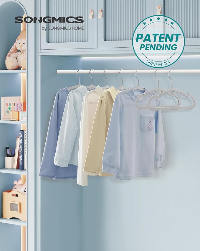 SONGMICS Baby Hangers 50 Pack, 11 x 6.9 Inches, Non-Slip Velvet Kids Hangers for Closet, Space-Saving, Wide Shoulder Notches, Dove Gray UCRF037G01