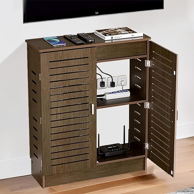 WiFi Router Storage Cabinet, PVC Floor Standing Router Storage Box Modem, Power Strip and Cable Management Hider Organizer for Home and Office (Walnut)