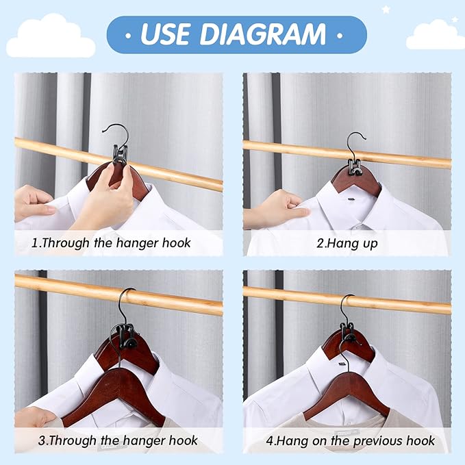 Unittype 200 Pcs Space Saving Hanger Hooks, Clothes Hanger Connector Hooks, Heavy Duty Space Saver Extender Clips for Closet Organizers (Black)
