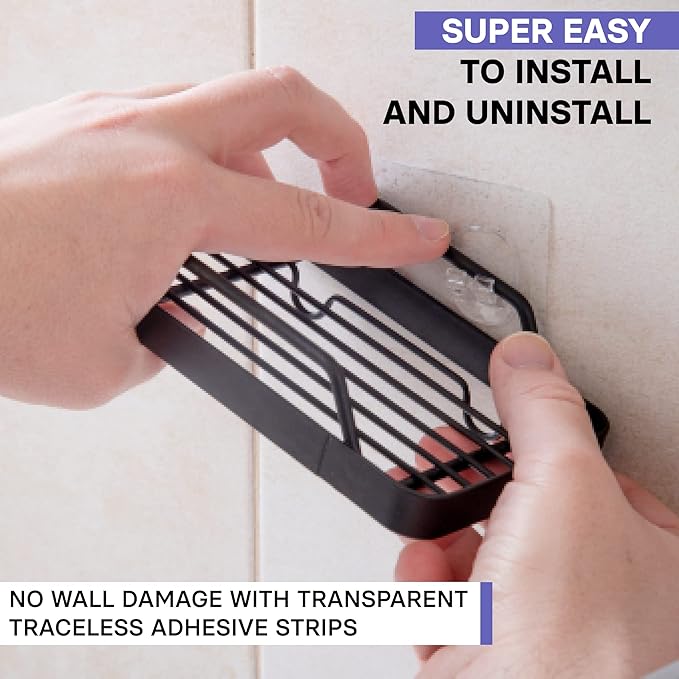 KINCMAX Premium Adhesive Soap Holder for Shower Wall - Drill Free Bar Soap Dish for Bathroom Storage - Stainless Steel Shower Soap Caddy w/Adhesive Sticker (Black)