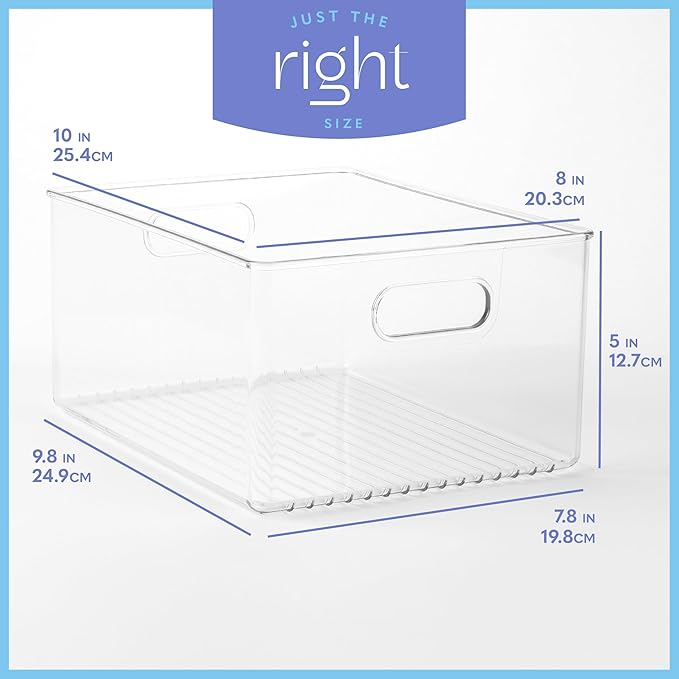 primebox 4 Pack Clear Plastic Organizer Bins with Handles for Home Organization. Storage Containers for Organizing Fridge, Freezer, Cabinet. Pantry, Great for Kitchen, Garage, Laundry Room. 10"x8"x5"