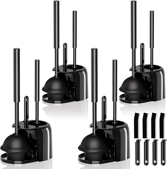 4PACK 3 in 1 Toilet Brush and Plunger Set with Crevice Cleaning Brush, Toilet Plunger and Brush Set with Extra Long Handle, Plungers for Bathroom Accessories, Toilet Plunger with Holder, Black