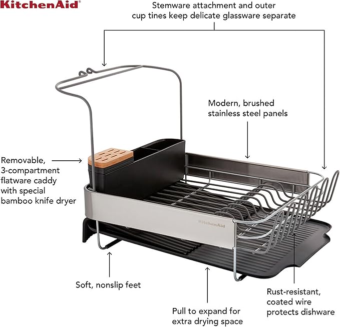 KitchenAid Compact to Full Size Expandable, Rust Resistant Satin Coated Dish Rack with Angled Self Draining Drain Board and Removable Flatware Caddy, 24-Inch, Charcoal