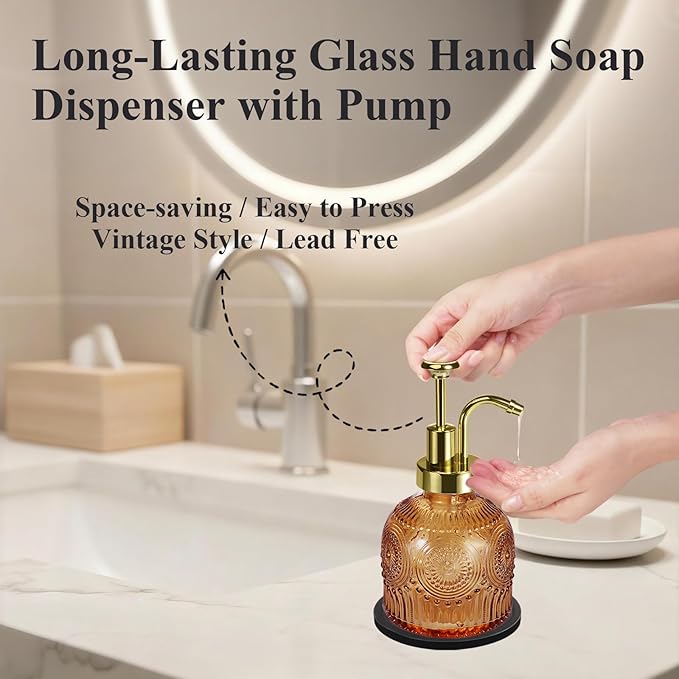 Amolliar 8 Oz Vintage Glass Bathroom Soap Dispensers with Pump, 2 Pack Refillable Kitchen Dish Soap Dispenser with Stripe, Antique Rustic Hand Soap Liquid Bottle (Brown-Golden Pump)