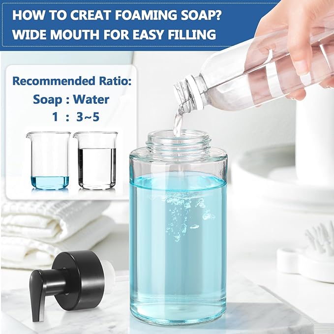 Foaming Soap Dispenser, 10 oz/300ml Foaming Hand Soap Dispenser, 3 Pack Glass Foaming Soap Dispenser for Bathroom & Kitchen, Clear Refillable Foam Soap Dispenser Bottle with Waterproof Labels
