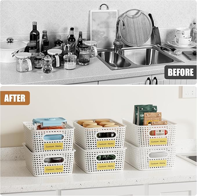 8 PCS Plastic Storage Baskets with Lids, Stackable Storage Bins with Lids & Labels for Organizing, Small Storage Bins for shelves, Office, Drawer, Cabinet & Pantry,Nursery Organization,10.2*7.2*4.1In
