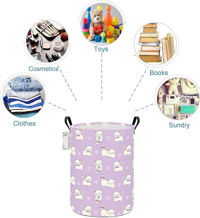 FANKANG Storage Basket, Nursery Hamper Canvas Laundry Basket Foldable with Waterproof PE Coating Large Storage Baskets for Kids Boys and Girls, Office, Bedroom, Clothes,Toys(Cat)