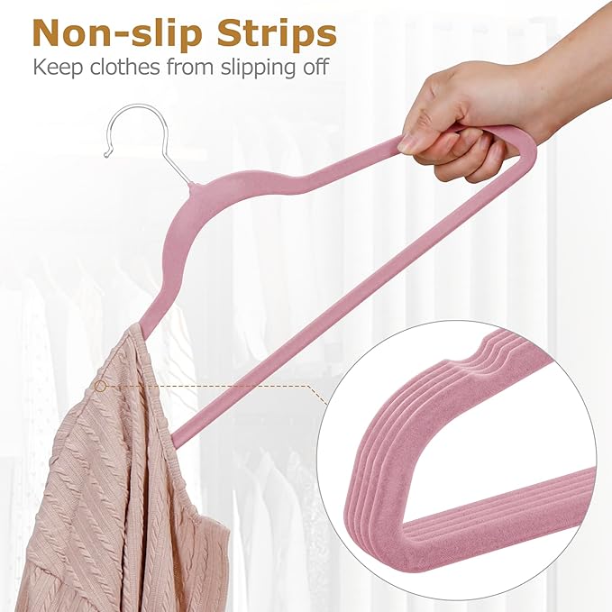 SUPER DEAL Velvet Hangers 100 Pack, Premium Clothes Hanger Slim Non-Slip Notched for Suit Coat Pants Dress, 360 Degree Swivel Space Saving Heavy Duty for Closet, Pink