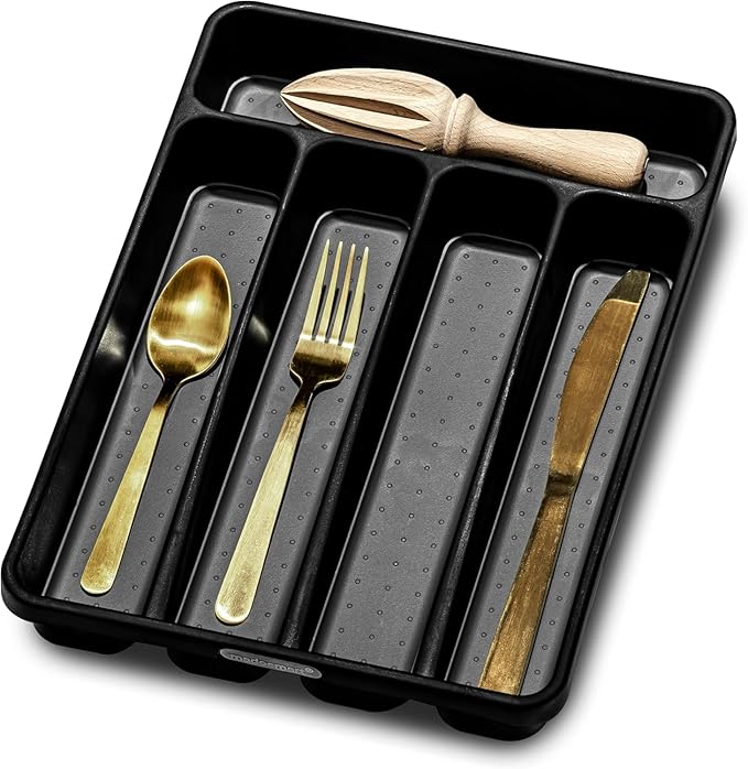 madesmart Small Silverware Tray, Compact 5 Compartment Flatware Organizer for Forks, Knives & Spoons, Non Slip, Soft Grip Lining, Fits Small Drawers, Black