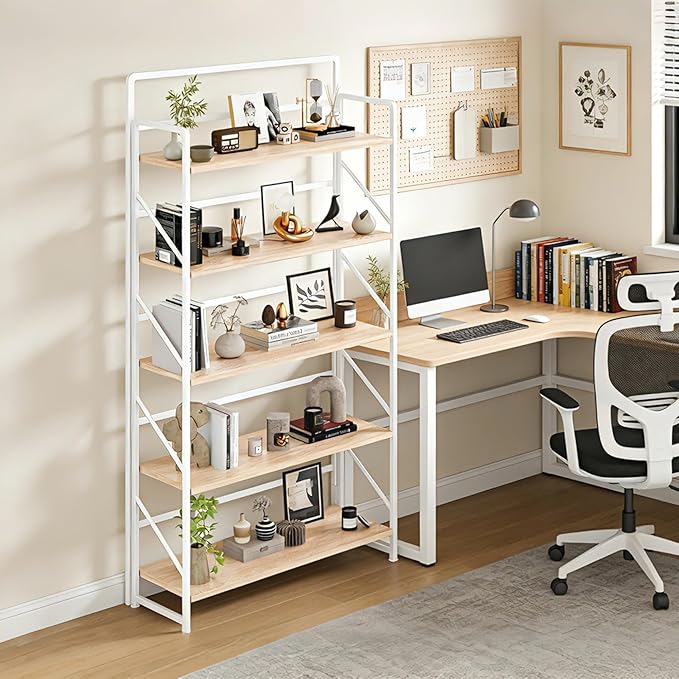 JSB Folding Bookshelf,Industrial Storage Shelves, No Assembly Vintage Wood Look Bookshelf with Storage Shelves for Living Room, Bedroom, Office (White, Wide 5-Tier)