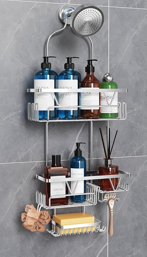 Shower Caddy Hanging - Over the Shower Head Caddy with 2 Baskets, Soap Holder & Razor Holder, Non-Slip Rubber Pads, U-Shaped Hooks and Adhesive Pads for Bathroom Organization - Silver