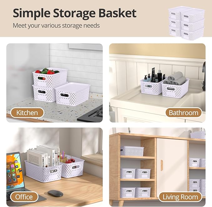 Plastic Storage Bins with Lid, Stackable Small Box Basket for Organizing and Containers for Shelves Drawers Desktop Closet Playroom Pantry Classroom Office Home, 6-pack 10.2"x7.2"x4.1" Lavender
