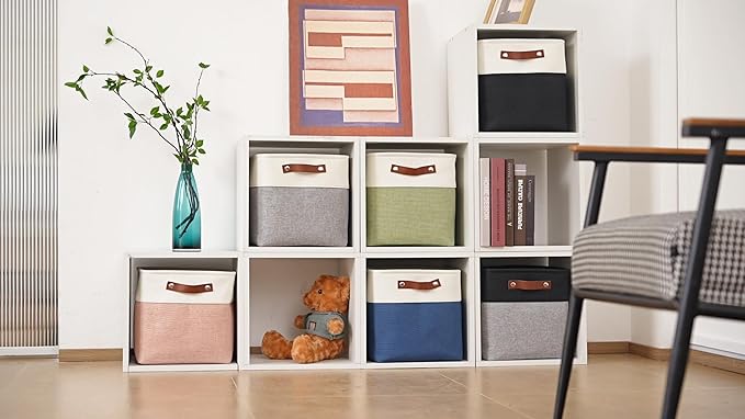 13 Inch Cube Storage Bins,Set of 4, Foldable Storage Basket with PU Handles for Organizing Home, Closet, Laundry, Office, Organizers for Shelves(White/Green)