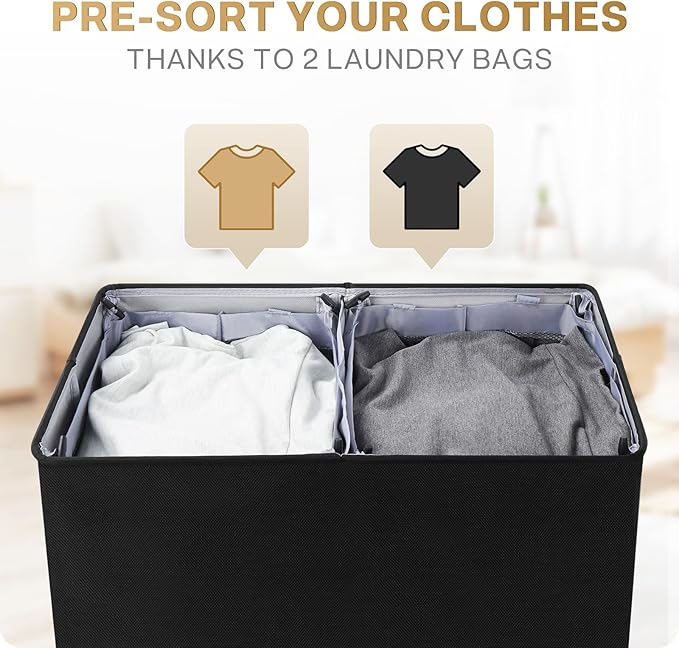 SOLEDI Double Laundry Hamper with Lid and Removable Laundry Bags - Large Dirty Clothes Hamper 2 Section - Collapsible Laundry Baskets for Bedroom, Bathroom, Laundry room, Apartment, Black