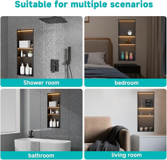 TSIBOMU Black Stainless Steel Shower Niche with LED Lights 12" x 30" – Recessed Shower Shelf with 3-Tier Storage, Waterproof & Rustproof Bathroom Wall Niche
