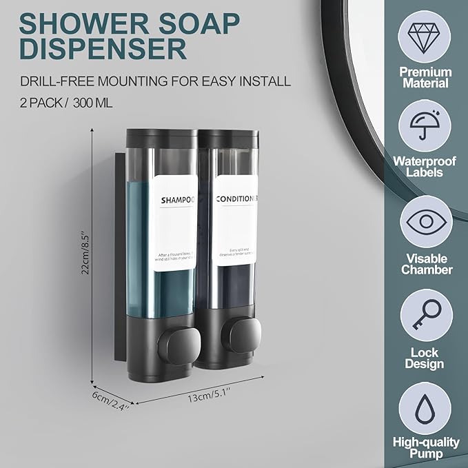 2 Pack Shampoo and Conditioner Dispenser Set, Shower Soap Dispenser 2 Chamber No Drill Wall Mounted, Body Wash Dispenser for Shower Wall Mounted with Large Capacity, Elegant for Bathroom Hotel Use
