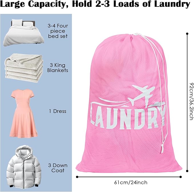 2 Pack Large Mesh Laundry Bag, Heavy Duty Laundry Bags with Drawstring, Laundry Hamper Liner, Machine Washable, for Travel, Storage, Sports, Dorms and Apartment Dwellers, 24 x 36 Inches (Pink+White)