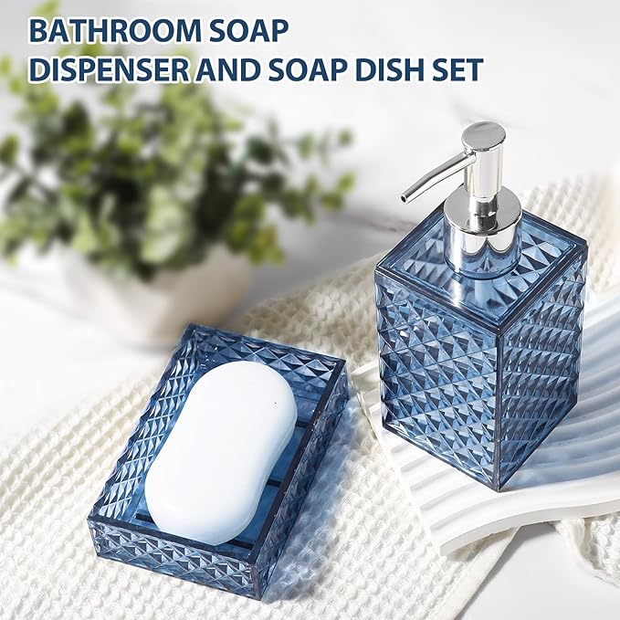 Bathroom Accessories Set, 4 Pack Blue Acrylic Bath Accessory Sets Complete, Diamond Soap Dispenser and Toothbrush Holder Bathroom Counter Sink Set, Boho Modern Bathroom Decor