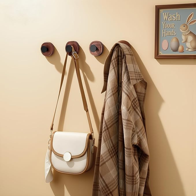 DELITON Suction Cup Hooks for Shower - 4 Pack Wooden Bathroom Towel Hooks Removable Without Drilling, for Hanging Towels, Bath Towels, and Bathrobes