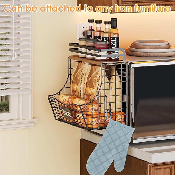 Magnetic Shelf for Fridge with Adjustable Wood Lid & Nameplate, Fruit Potato & Onion Storage Bins with 2 S Hook, Magnetic Spice Rack for Refrigerator, Magnetic Fridge shelf for Kitchen Pantry Laundry