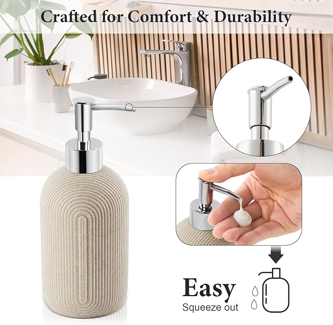 Bathroom Accessories Set - 7-Piece Resin Bathroom Set, Toothbrush Holders Set, Soap Dispenser, Qtip Holder Dispenser, Tumbler, Soap Dish & Tray, Modern Bath Decor for Home Dorm Hotel (Beige)