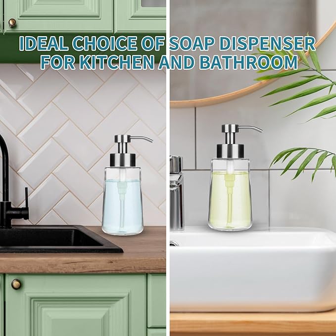 Doiliese Soap Dispenser, Glass Hand Soap Dispenser with Rust Proof Pump, 16oz Liquid Soap Container with Waterproof Labels, Dish & Hand Soap Pump for Bathroom, Kitchen, Brushed Nickel, Pack of 2