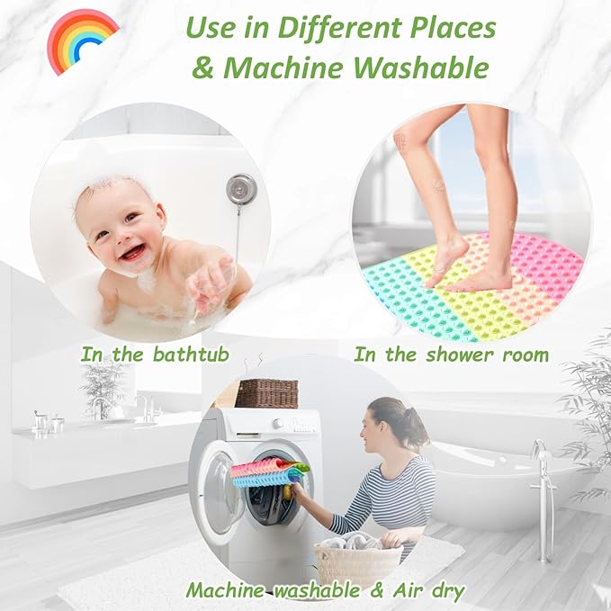 Joiyota Baby & Toddler Bath Mat for Tub，Silicone Non Slip Bathtub Mat for Kids with 27 x 15 Inches for Storage, Rainbow Bathbub Mat with Push Pop Bubbles, Machine Washable Shower Mat, Colorful, Oval