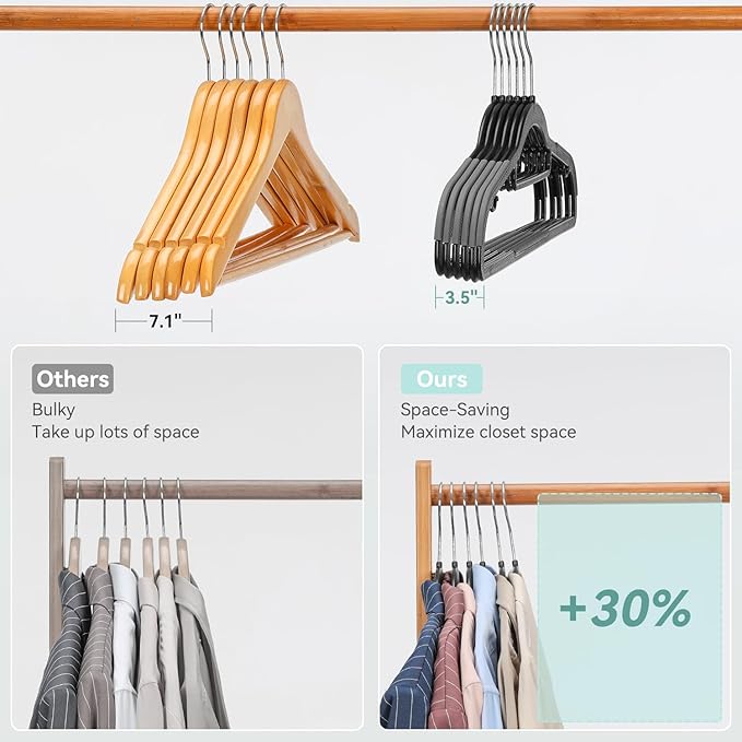 NCXTKJ Coat Hangers 50 Pack, Plastic Clothes Hangers Non Slip with Rubber Grip, Heavy Duty Hanger with 360° Swivel Metal Hook, Ultra Thin Hangers Space Saving for Closet Organizer, Black and Dark Gray