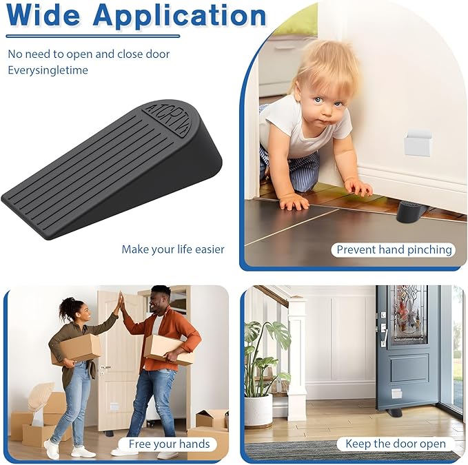 Rubber Small Door Stopper Wedge – 4 Pack Black Door Stoppers Wedge for Bottom Doorstop,Door Stop for Heavy Duty Doors with Self Adhesive Holder Ideal for Homes, Schools, Offices, Workshops