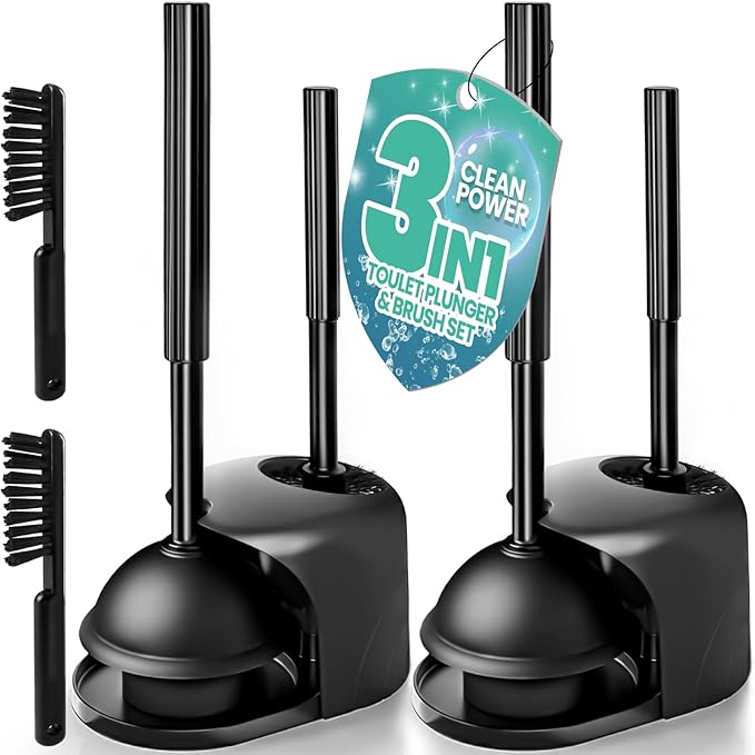 2PACK 3 in 1 Toilet Brush and Plunger Set with Crevice Cleaning Brush, Toilet Plunger and Brush Set with Extra Long Handle, Plungers for Bathroom Accessories, Toilet Plunger with Holder, Black