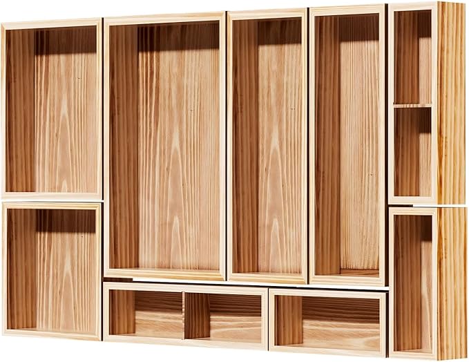 9-Pack Solid Wood Drawer Organizer, Modular Junk Drawer Organizer with Non-Slip Pad, Multi-Use Storage for Kitchen Office Bedroom Dresser for Utensil Stationery Makeup Stationery Tea & Coffee Pod