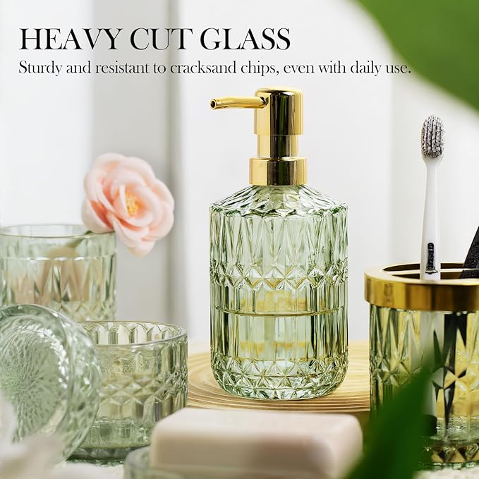 Bathroom Accessory Set 5 Pcs, Glass Bathroom Set Include Soap Dish, Toothbrush Holder, Mousewash Cup, Soap Dispenser, Cotton Swab Jar, Green