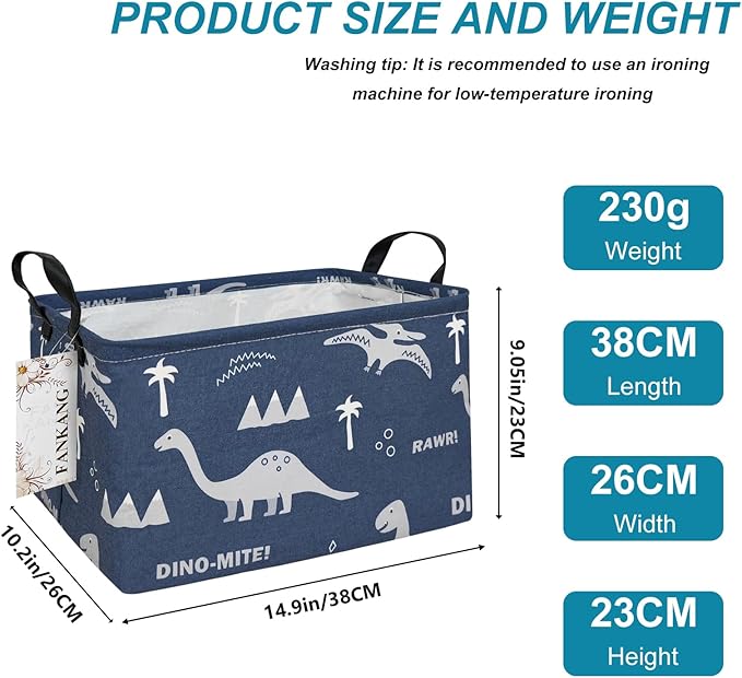 FANKANG Storage Bins, Nursery Hamper Canvas Laundry Basket Foldable with Waterproof PE Coating Large Storage Baskets for Kids Boys and Girls, Office, Bedroom, Clothes,Toys(Rec-Blue dinosaur）