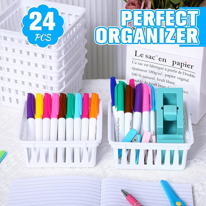 Tatuo 24 Pcs Classroom Small Plastic Baskets Bulk Storage Baskets for Organizing Crayon Pencil Containers Organizer Bins for Back to School Gift Office Desk Drawer Home, 5.31 x 5.31 x 2.44 Inch(White)