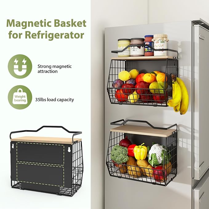 Magnetic Shelf for Fridge with Wood Lid, 2 Tier Fruit Baskets Wall Mounted Hanging Basket with 4 Hanger Hooks, Potato and Onion Magnetic Storage Bins for Kitchen Counter, Refrigerator, Cabinet