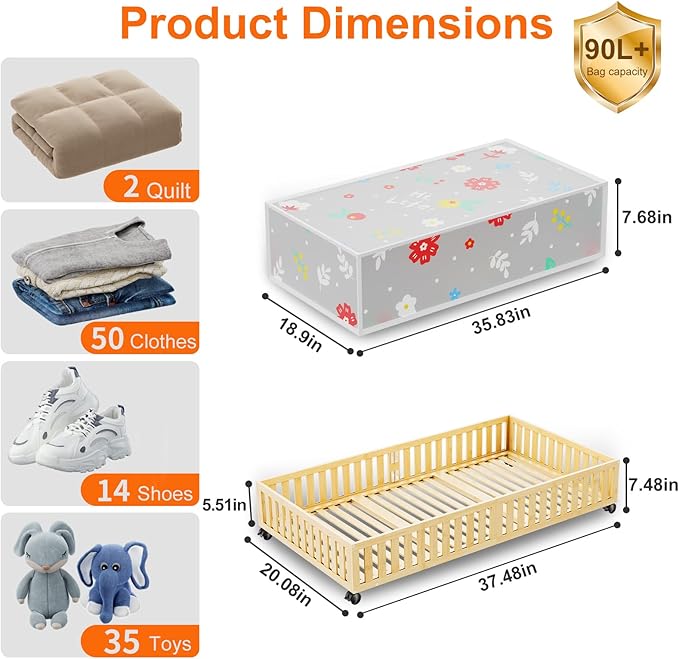 Bamboo Under Bed Storage Containers with Wheels, 40L UnderBed Drawers with Dust Bag, Breathable Under Bed Shoe Storage, Rolling UnderBed Clothes Storage, 1Pack