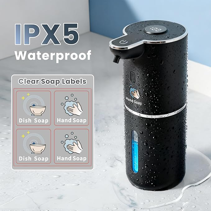 Automatic Soap Dispenser, Touchless Liquid Soap Dispensers, USB Rechargeable, 6-Level Adjustable Volume Control, 12.8oz/380ml, Wall Mount for Kitchen, Bathroom, Free Liquid Dispenser Stickers (Black)