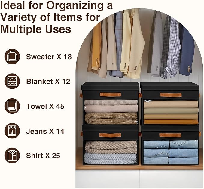 Large Storage Bins with Lids - 6 Pack Foldable Decorative Organizers with Clear Windows & Handles, Cube Storage Organizers for Clothes, Blankets, Sweaters, CD, Black