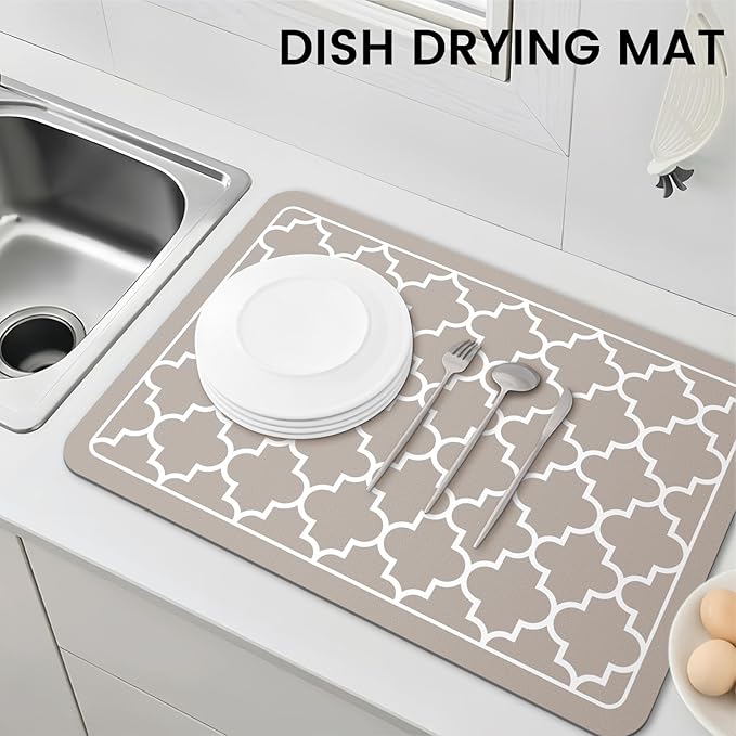 WISELIFE Dish Drying Mat Super Absorbent Drying Mat Large Dish Drying Mats for Kitchen Counter Easy Clean Dish Mat Kitchen Drying Mat16"x 24" Stylish Khaki